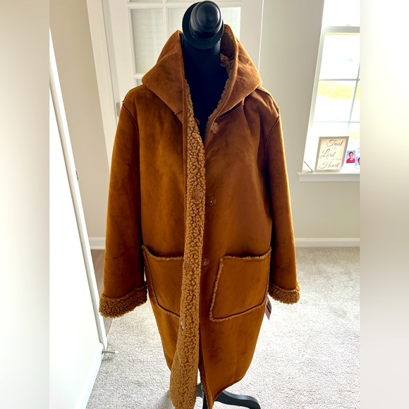 NWT Michael Kors faux suede faux fur hooded coat cappuccino XL - Picture 1 of 9